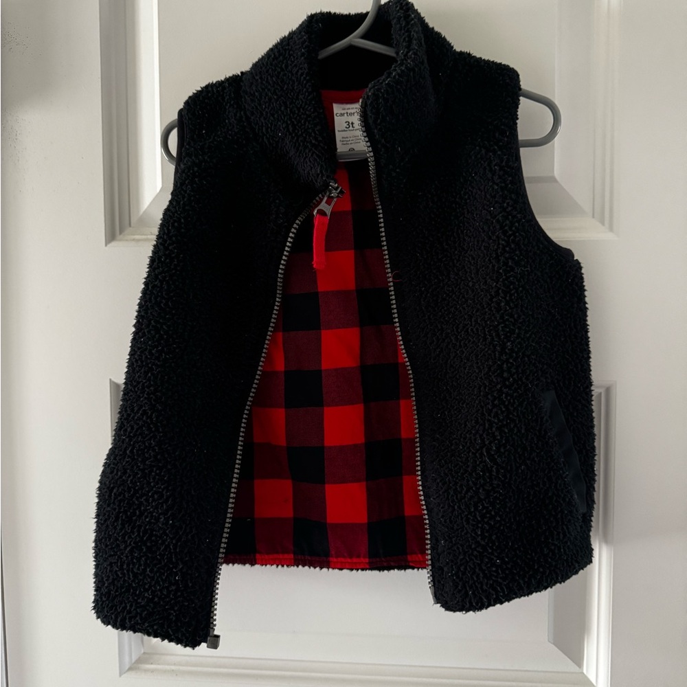 Carter's Black Sherpa Vest with Red Plaid Interior